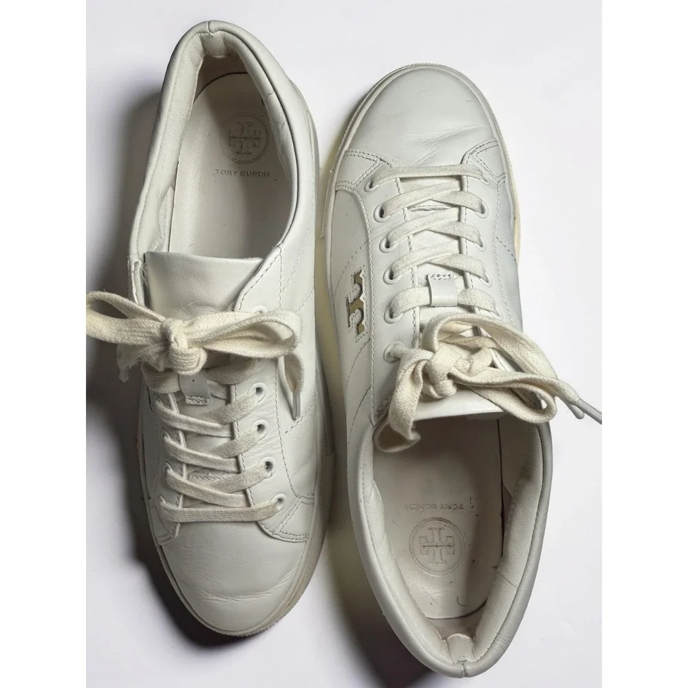 Tory Burch Women's Amalia Sneaker White Calf Leather Shoes Sneakers Sz 8.5